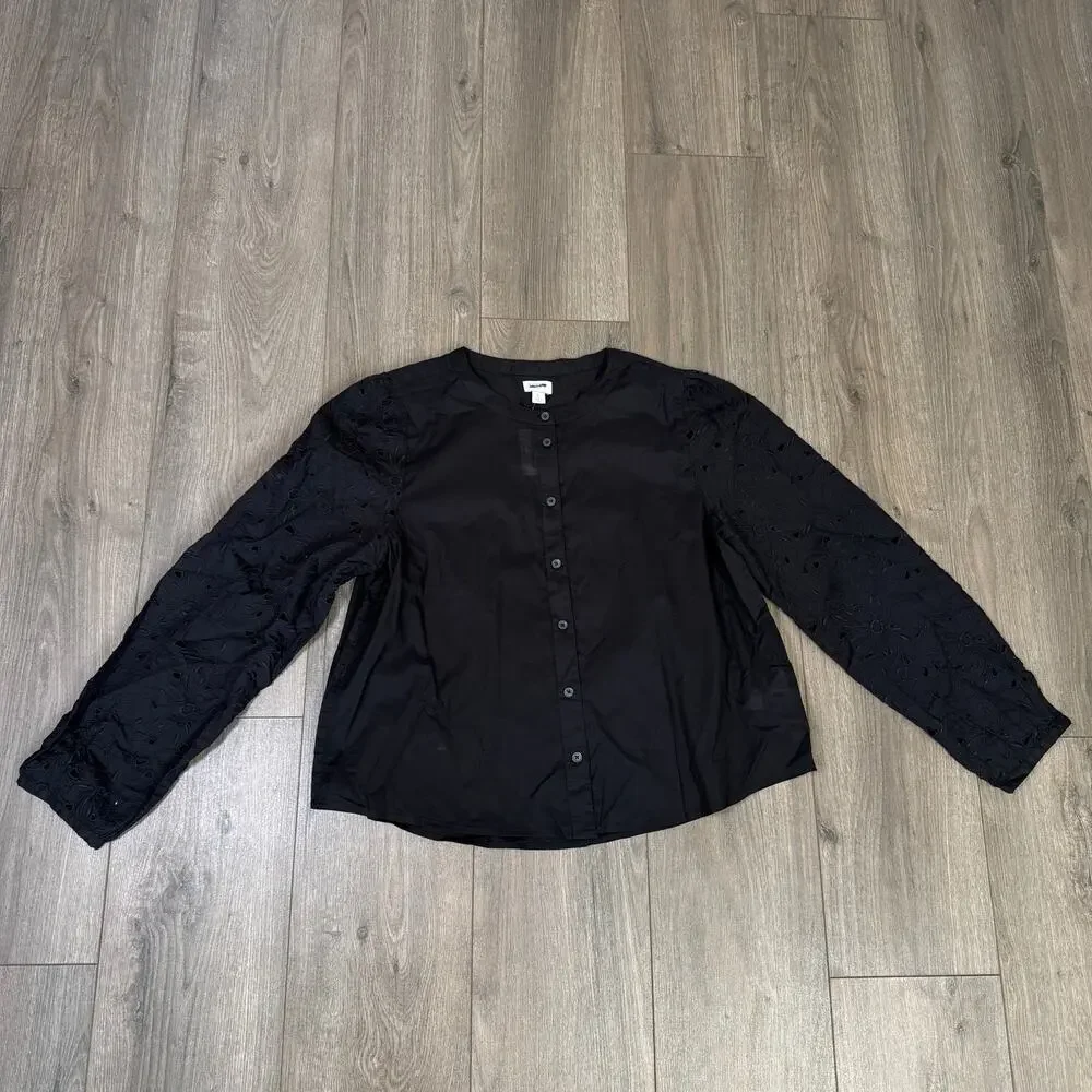 J.Crew Eyelet-Sleeve Button-Front Top Womens L Black Cotton Embroidered Crewneck